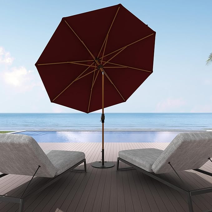 Midtown Umbrellas The Wooden 2-9 Feet Patio Umbrella in Sunbrella Burgundy Acrylic Fabric - Auto-Tilt Aluminum Frame For Backyard, Deck, Garden, Pool - White Pole