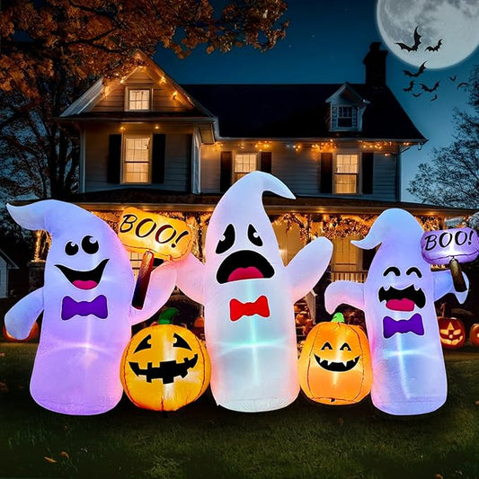 8FT Long Halloween Inflatable Ghosts and Pumpkins, 3 Blow Up Ghosts Inflatables with 2 Pumpkin Built-in LED Lights for Halloween Party Yard Garden Lawn Decorations