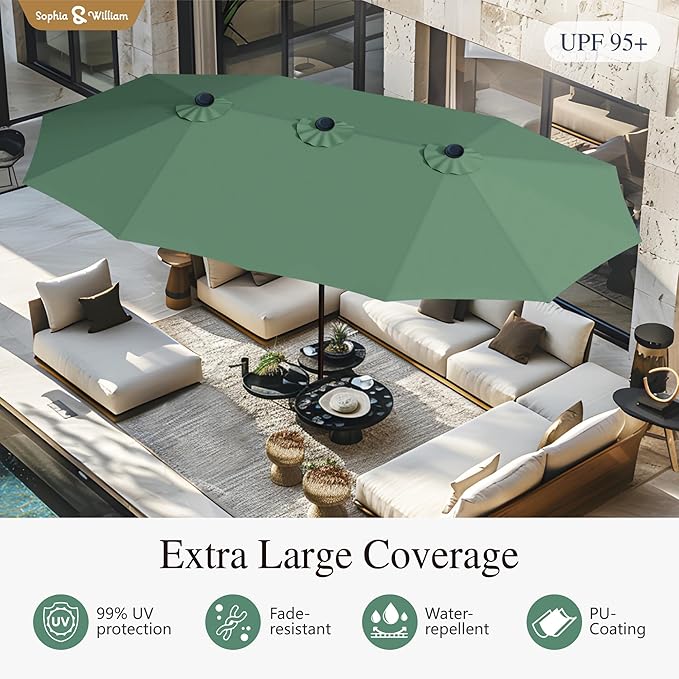 Sophia & William 15 ft Extra Large Patio Umbrella with Base Included, Rectangular Outdoor Umbrella Heavy Duty, Market Umbrella Double-sided Fade Resistant for Pool Garden Backyard, Mint