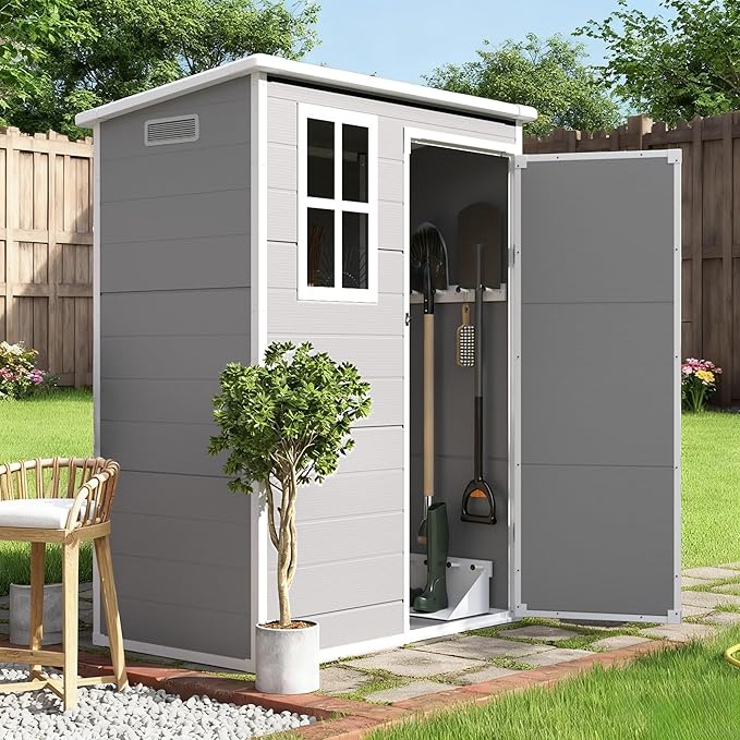Outdoor Shed 5x3/6x4/7x7/8x6/8x10/8x12 FT, 15MM Thick PP Resin Plastic Shed with Lockable Door & Floor - Waterproof Plastic Tool Shed for Bike, Garbage Can, Backyard, Patio ﻿ ﻿ (Grey, 5X3FT)
