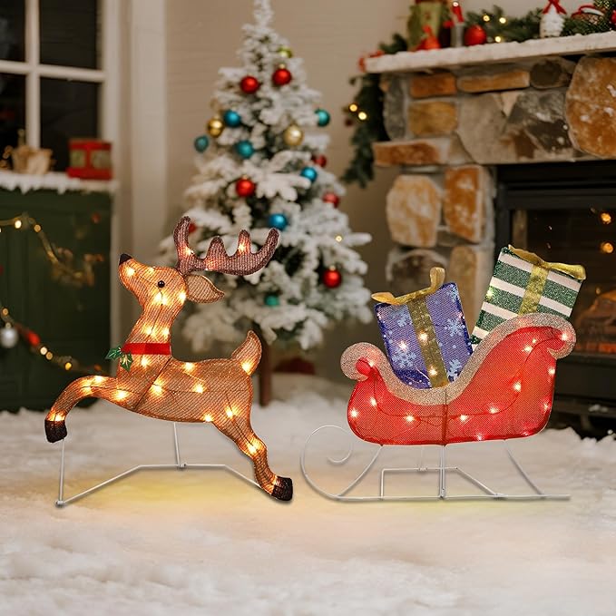 Prsildan Christmas Lighted Decoration 25" x 44" Reindeer, 50 Lights Christmas Reindeer with Sleigh & Gift Boxes, Light up Decorations for Indoor Outdoor Home Kitchen Yard Garden Holiday Party