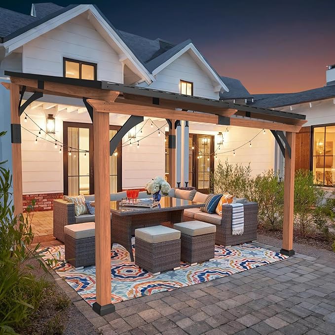 Macrout 10'x12' Outdoor Gazebo, Heavy Duty Pergola with Sloped Metal Roof and Aluminum Frame, Permanent Gazebos for Patio, Decks, Backyard, Garden, 4718 (10'x12')