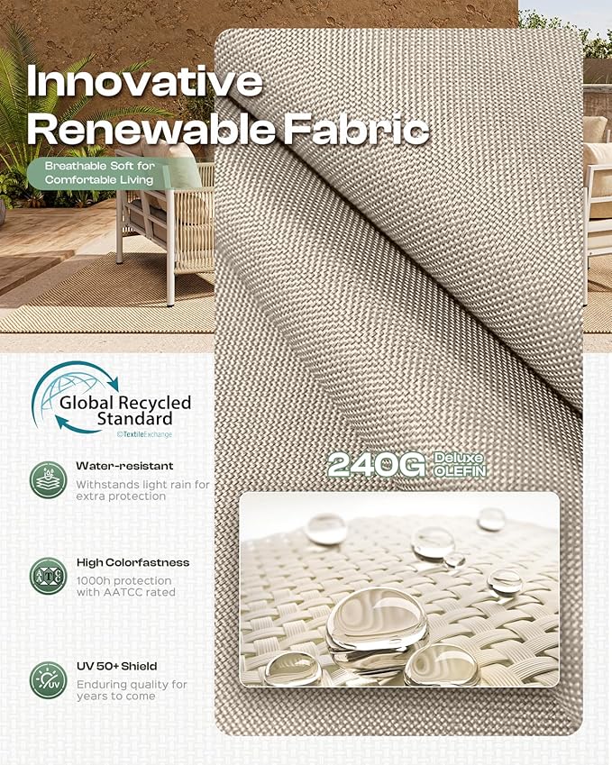 Aluminum Outdoor Patio Furniture Set, HDPE Rope 5 Piece Modern Sectional Conversation Sets with Dual-Layer Coffee Table, All Weather Patio Couch Set with Thick Cushions, Silver Frame, Beige