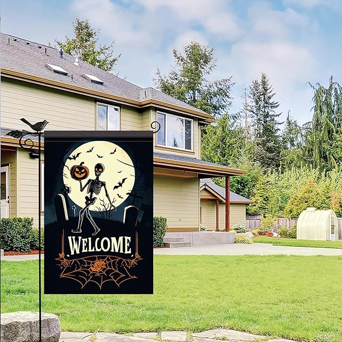 Halloween Garden Flag Skeleton Pumpkin Outdoor Yard Decoration Welcome Banner 12x18 Inch Double Sided Holiday Lawn House Vertical Seasonal Sign Skeleton with Pumpkin Small Yard Flag