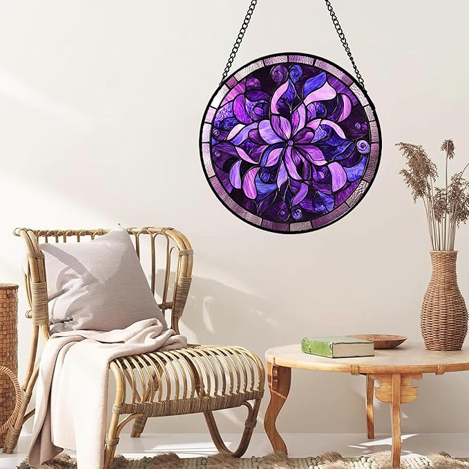 Stained Glass Window Hanging - Purple Abstract Flower Suncatcher for Door Garden Patio Sun Catchers Decor Christmas Mother's Day Birthday Gifts for Women Men Mom Nana Aunt Friend 11.8 in