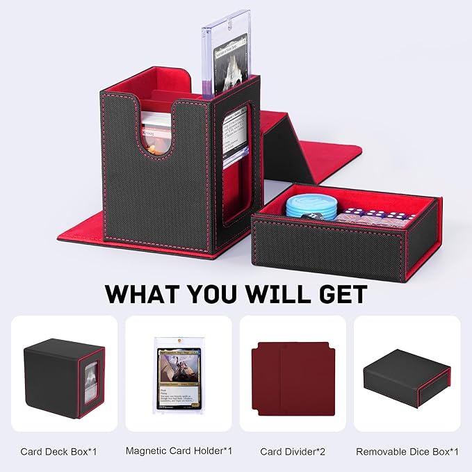 Trading Card Deck Box with Commander Display，2 in 1 MTG Storage Holds 100 Double-Sleeved Cards，1 Deck Boxes & Dice Tray Included，Fits MTG, TCG, PTCG & Sports Cards