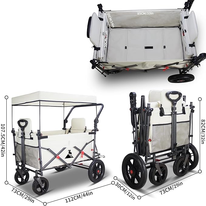 Collapsible Foldable Wagon Cart with Quick-Release Wheels & 2 Seats Camping Wagon- Heavy-Duty Utility Wagon 265LBS Capacity for Camping, Garden, Shopping (Beige)