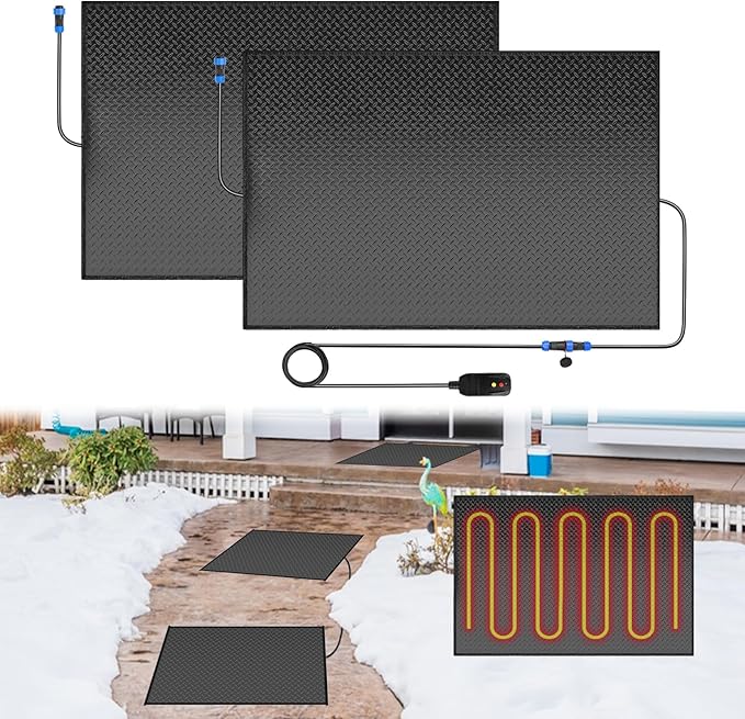 Snow Melting Mats Outdoor for Walkways, 20 x 30 in 2 Pack No-Slip Heated Outdoor Mats with 10 ft Power Cord, 3 in/h Speed Snow and Ice Melting Pads for Winter Backyards Snow Removal