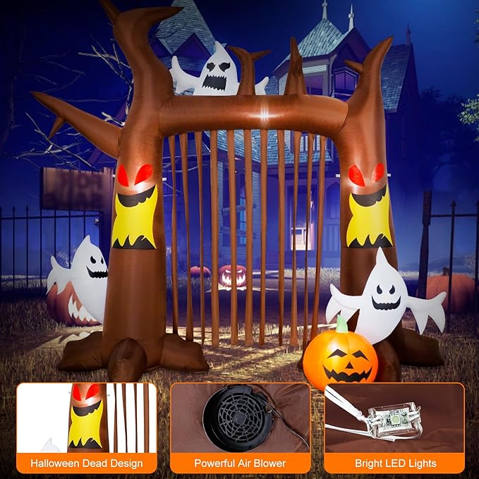9FT Halloween Inflatable Dead Tree Archway, Halloween Blow Up Yard Decorations with Pumpkin & Ghost, Build-in LED Lights, Halloween Inflatable Arch for Halloween Party Outdoor Garden Lawn
