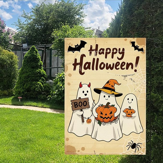 Happy Halloween Garden Flag Ghost Bat Fall Pumpkins Halloween Themed Holiday Party Outside Outdoor Lawn Decorations Yard Flag Double Sided 12x18 Inch