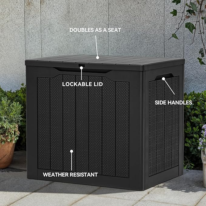 YITAHOME 30 Gallon Outdoor Storage Box, Small Water Resistant Resin Deck Box, Indoor Outdoor Lockable Rattan Storage Container for Patio, Garden, Cushions, Tools, Equipment (Black)