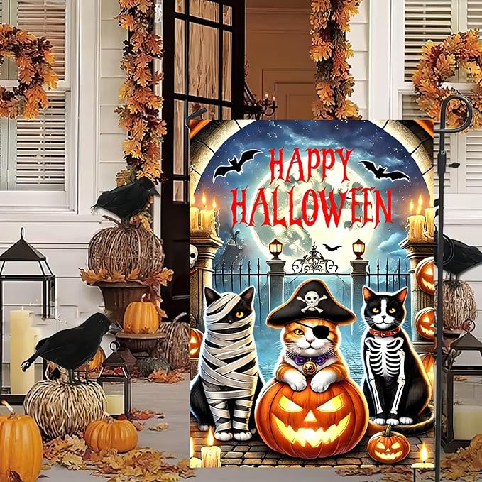 Happy Halloween Garden Flag Double Sided 12x18 Flag Halloween Garden Flag Cat Pumpkin Flag Bat Funny Cat And Jack Lantern Home Outdoor Lawn Porch Yard Decor Banner