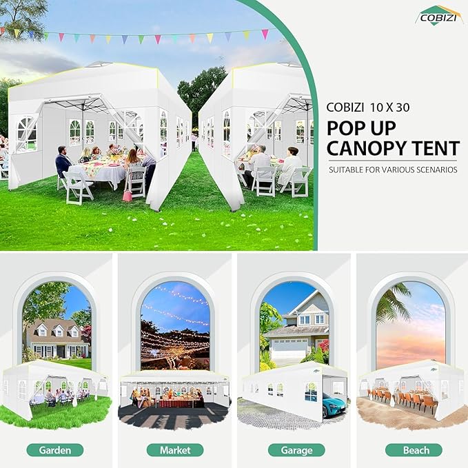COBIZI 10x30 Pop Up Canopy with Sidewalls 10x30 Party Tent Outdoor Wedding Event Canopies for Parties UPF 50+ Windproof Waterproof Gazebo with Air Vent, Wheeled Bag, Sandbag, Stake, Rope, White