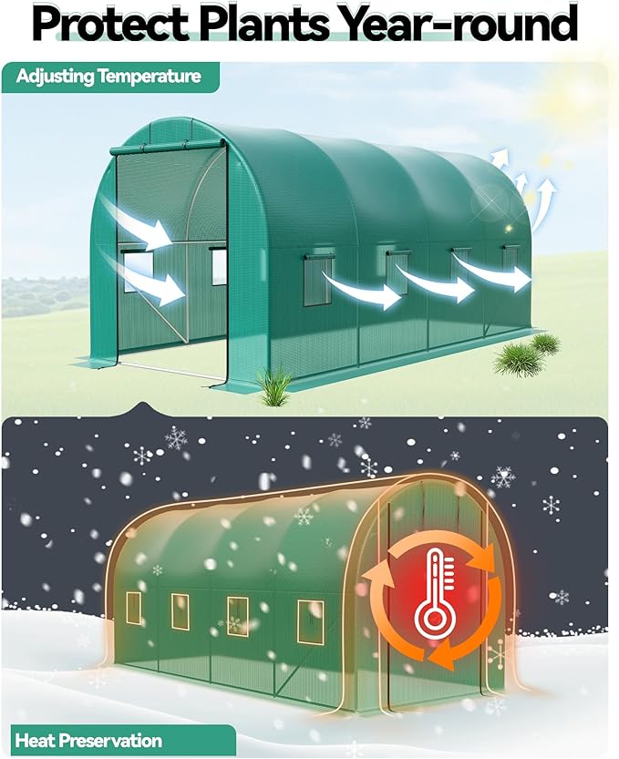 15X7x7 Ft Walk-in Tunnel Greenhouse for Outdoor Gardening - Heavy Duty Galvanized Steel Hoop House with Green PE Cover, Roll-Up Zipper Door & 8 Vent Windows, Garden Plant Protection for Winter Use