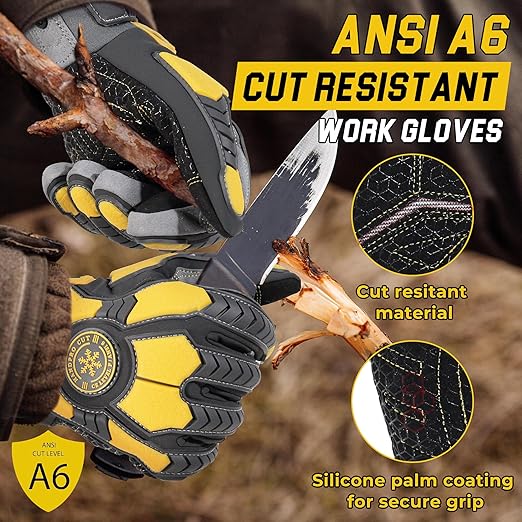HANDLANDY Winter Cut Resistant Men Impact Resistant Work Gloves, Padded Palm Grip Heavy Duty Working Glove (X-Large, Yellow)