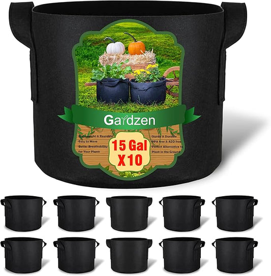 Gardzen 10-Pack 15 Gallon Grow Bags, Aeration Fabric Pots with Handles