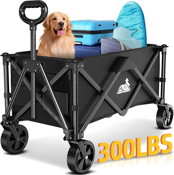 Collapsible Wagon Carts with Large Capacity, Utility Beach Wagons Heavy Duty Foldable,Side Pockets,300lb Load-Bearing Outdoor for Camping, Garden, Sports, Picnic, Shopping-Black U-Black