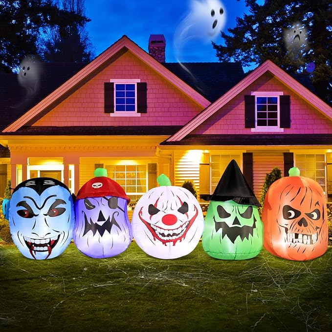 DomKom Halloween Inflatable Blow Up Decorations, 8FT Vampire Pirate Clown Witch and Spooky Pumpkin Giant Head, Built-in LEDs for Halloween Party, Garden, Lawn, Yard Décor