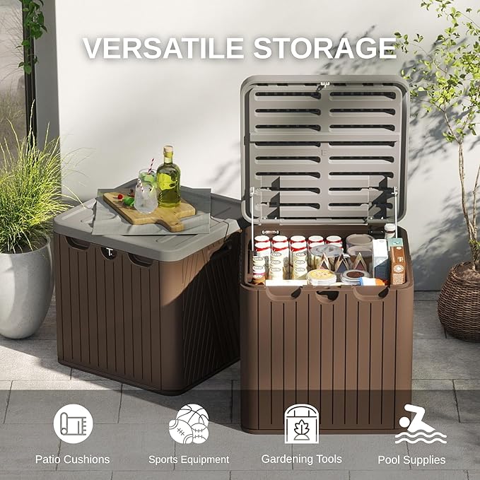 60 Gallon Outdoor Storage Box, Waterproof Patio Deck Box with Lockable Lid, Heavy-Duty HDPE Bench for Garden Tools, Cushions (Brown, 60 Gallon)