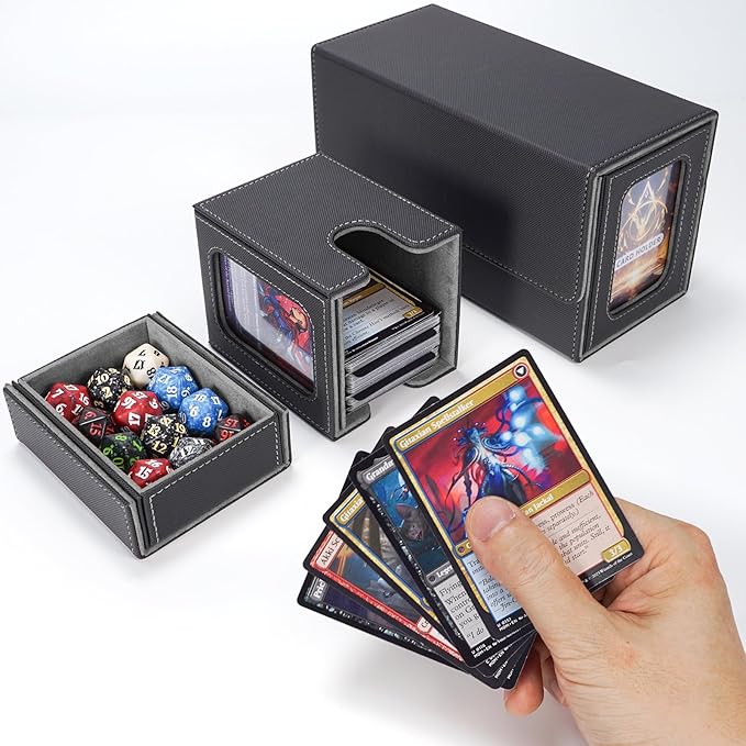 AFIING MTG Commander Card Storage Box - Fits 200 Double Sleeved Cards,3-in-1Card Deck Case,Strong Magnet Card Organizer For Magic Commander TCG CCG,4Dividers &2 Toploaders, Black/Grey