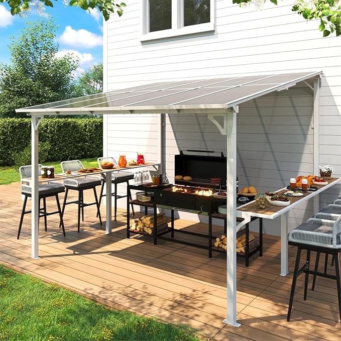 MEISSALIVVE 10' x 10' Wall Mounted Gazebo, Outdoor BBQ Grill Gazebo with Side Shelf, Lean to Metal Awnings with Sloped Roof, Heavy Duty Pergola for Backyard, Deck, White