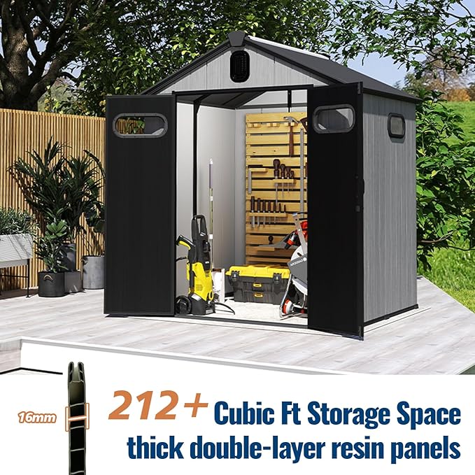 Domi 6×6ft Outdoor Resin Storage Shed - 212+ Cubic Ft Weatherproof Double-Wall Yard Shed with Skylight, Lockable Door and Carpet, Heavy-Duty Steel Frame Storage Building for Lawn Mower, Bike, Tools