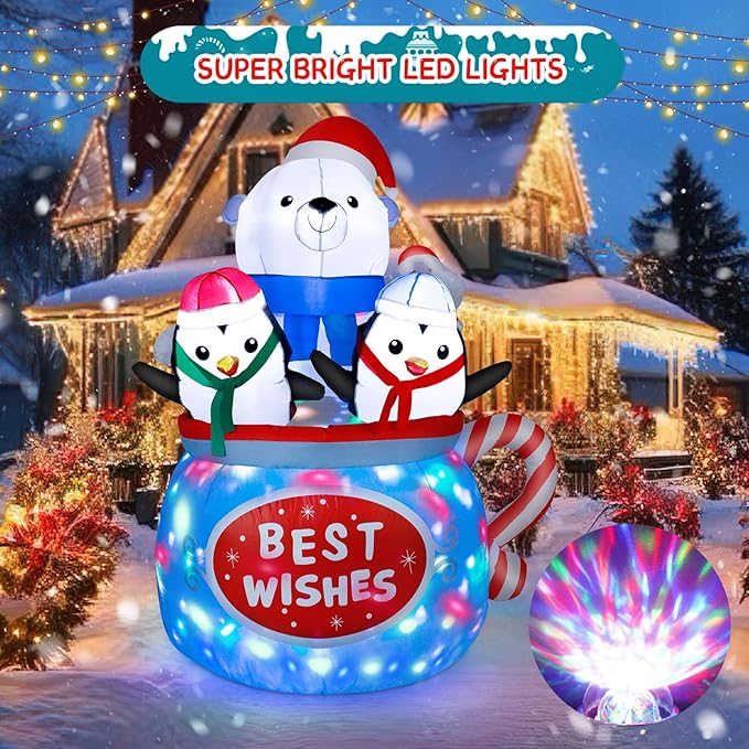 Dawdix Christmas Inflatables Decorations with Colorful Light, 6FT Inflatable Polar Bear & Penguins in Hot Cocoa Mug, Blow Up Outdoor Decorations for Xmas Holiday Yard Garden Lawn Party