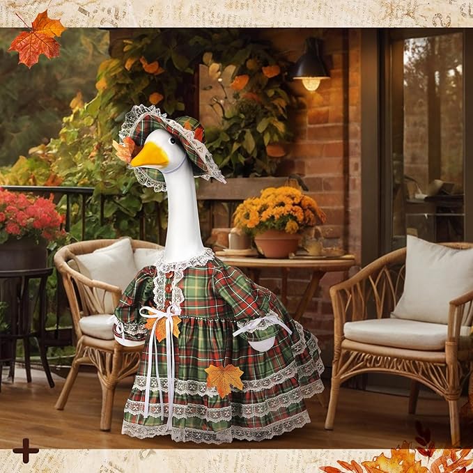 Suzile Fall Porch Goose Outfit Autumn Clothes for 23" High Cement or Plastic Goose Costume Plaid Dresses for Yard Lawn Outdoor Garden Patio Statue Thanksgiving Day Xmas Holiday Decor