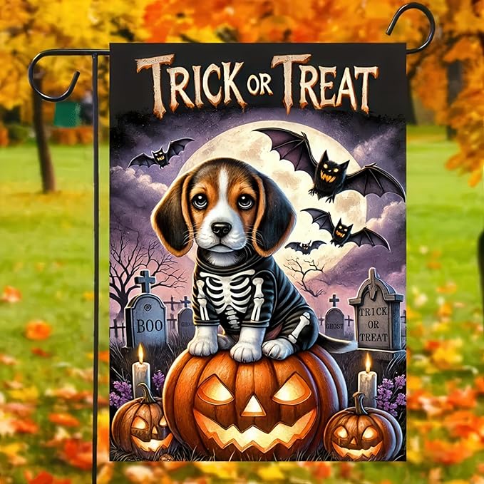 Happy Halloween Garden Flags for Outside Decoration,Beagle Skeleton Dog and Pumpkin Welcome Garden Flag for Outdoor Decor 12x18 Inch Vertical Double Sided