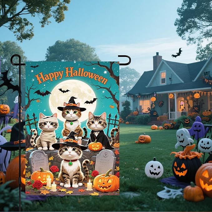 IVN Happy Halloween Garden Flag 12x18 Inch Double Sided Witch Cat Tombstone Bat Pumpkin Moon Outdoor Yard Flag for Outside Front Door Lawn Porch Patio Welcome Decor