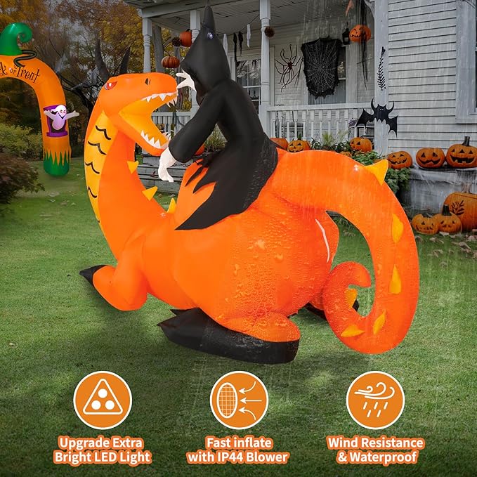 8FT Halloween Inflatables Dinosaur Outdoor Decoration, Grim Reaper Riding Dinosaur with 5 LED Lights Built-in Blow Up, Holiday Outside Decor for Yard Lawn Patio Garden Party