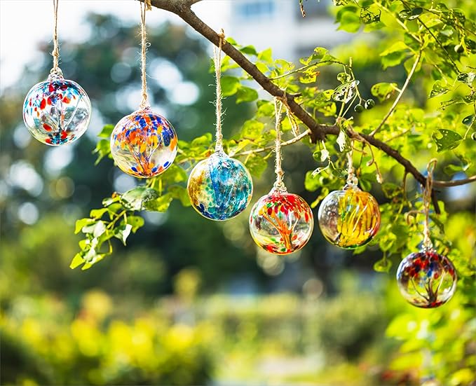 4” Tree of Life Witch Balls, Gazing Balls Hanging Friendship Balls, Hand-Blown Glass Christmas Ornament for Window Outdoor Home Decor, Garden Decoration, Gifts for Women (Yellow