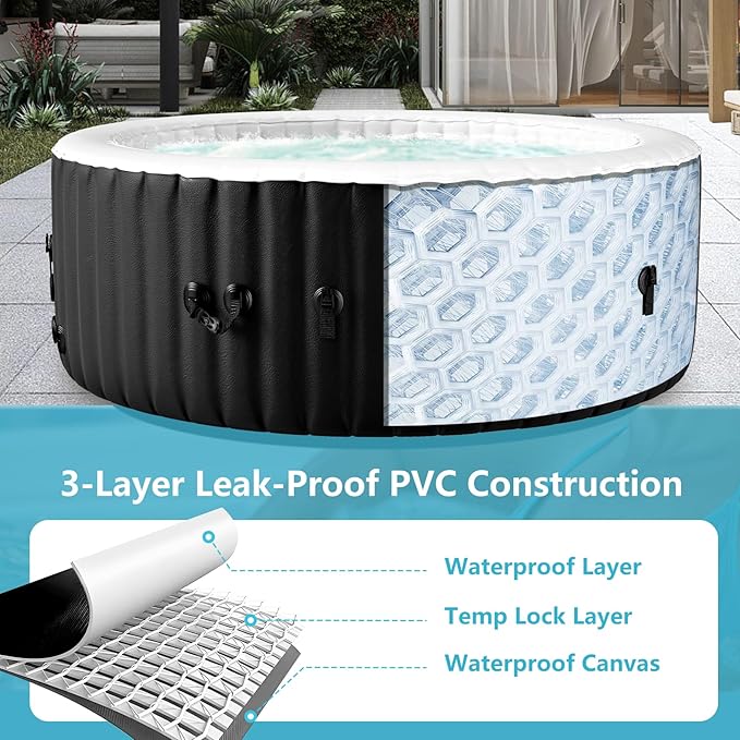 Round Inflatable Hot Tub, 2-4 Person Portable Blow up Hot Tub, Leak-Proof PVC Outdoor Spa with 120 Air Jets, Insulated Cover & Heater Pump, 71” X 71” X 25”