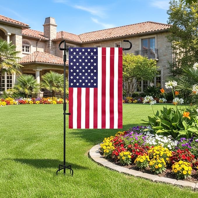 TOPFLAGS Garden Flag Stand with American Flag Garden Flag Heavy Duty Metal Yard Flag Holder Pole Stake Small Flag Stands for Garden Flags 12 x 18 with Clips and Stopper