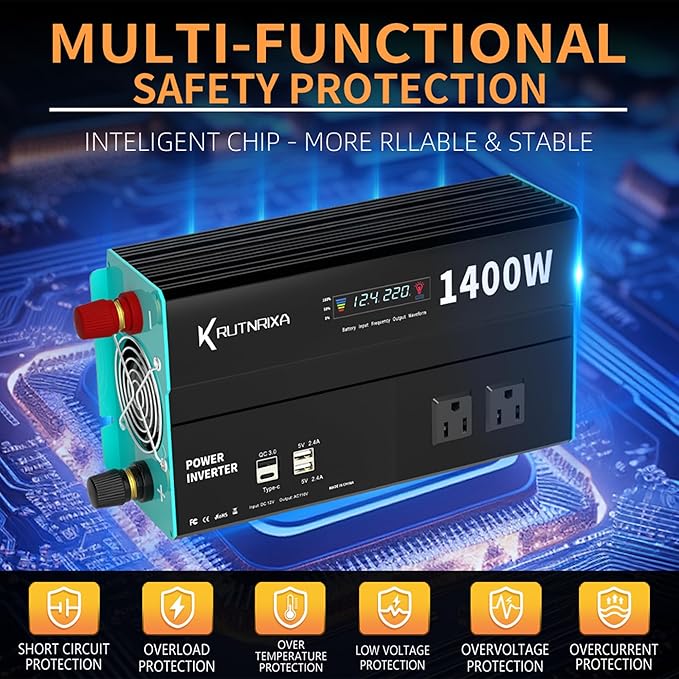 Power Inverters 12V DC to 110V AC Converter for Vehicles USB-C/PD 25W Fast Charging Ports Car Charger Adapter with a Cigarette Lighter Ports Plug Outlet (Modified sine wave-1400W)