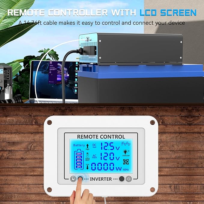 1500W Pure Sine Wave Inverter with Transfer Switch, 12V DC to 120V AC Converter with 2AC Outlets, USB Port, Type-C Port, Remote Controller, Power Inverter for RV, Outdoor, Auto Swtich to Shore Power