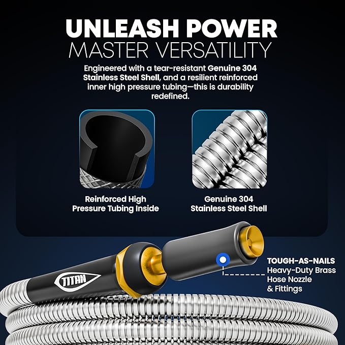 TITAN Garden Hose 75FT - 304 Stainless Steel Metal Water Hose, Flexible, Kink-Free, Lightweight, Durable, Crush Resistant Fittings, Easy to Coil, 500 PSI