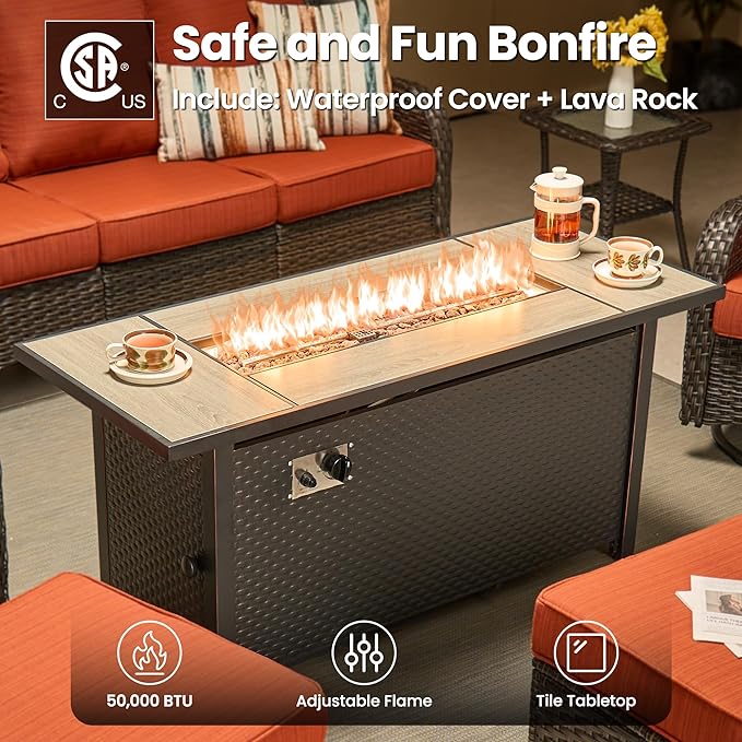 ovios 10 Pieces Patio Furniture Set, Outdoor Wicker Sofa Couch with Swivel Chairs 54" Fire Pit Table, High Back All Weather Modern Conversation Sets, Brown Rattan, Orange Red