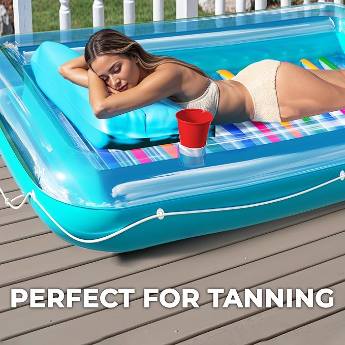 JAMBO Inflatable Tanning Pool Lounger Float, 70 x 47 Sun Tanning Pool Float with Pillow, Water Lounge Raft, Pool Floatie for Adults, Tanning Raft Pool Tub, Water Tanning Bed Kiddie Pool Tanning Floats