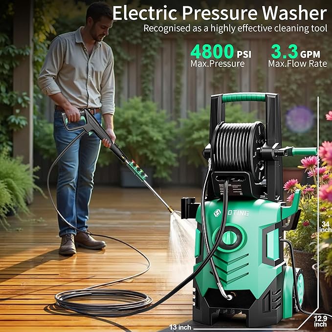 2025New Pressure Washer 4800PSI, 34" Tall, 4 Quick Connect Nozzles,Inlet Hose&Filter&500mlFoam Cannon for Cars/Fences/Driveways/Home Cleaning,Blue