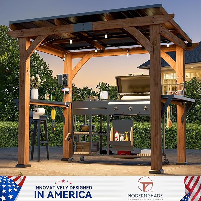 Modern Shade Grill Gazebo 6' X 8', Cedar Wood Gazebo with Shelves and Paper Towel Holder, Patio Pavilion with Galvanized Steel Roof, USB and USB-C Charging Ports for Patio Backyard