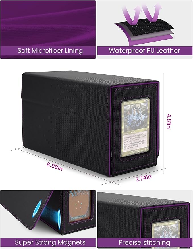 MRAUF MTG Deck Box with Double Commander Display and Dice Tray, Fits 200+ Double Sleeved Cards, Card Storage Box Plus 2 Magnetic Holders& 100Pcs Card Sleeves (Black& Purple)
