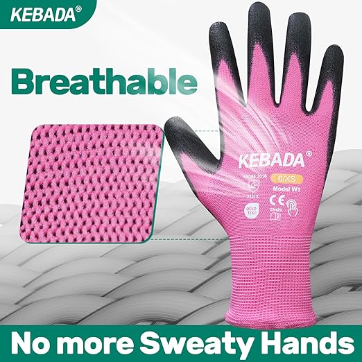 Kebada W1 Work Gloves Women, PU Coated Safety Gloves with Grip, Touchscreen, Ideal for Warehouse Package Handling, Construction, Gardening, Pink Large