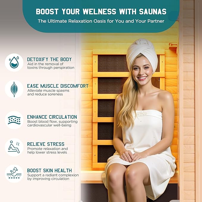Albott Infrared Sauna 1 Person, Infrared Saunas for Home, 930W/110V Hemlock Wood Dry Sauna with Tourmaline Stone Foot Warmer, 7-Color Light Therapy & 2 Bluetooth Speakers, 27.2"x32.3"x61"