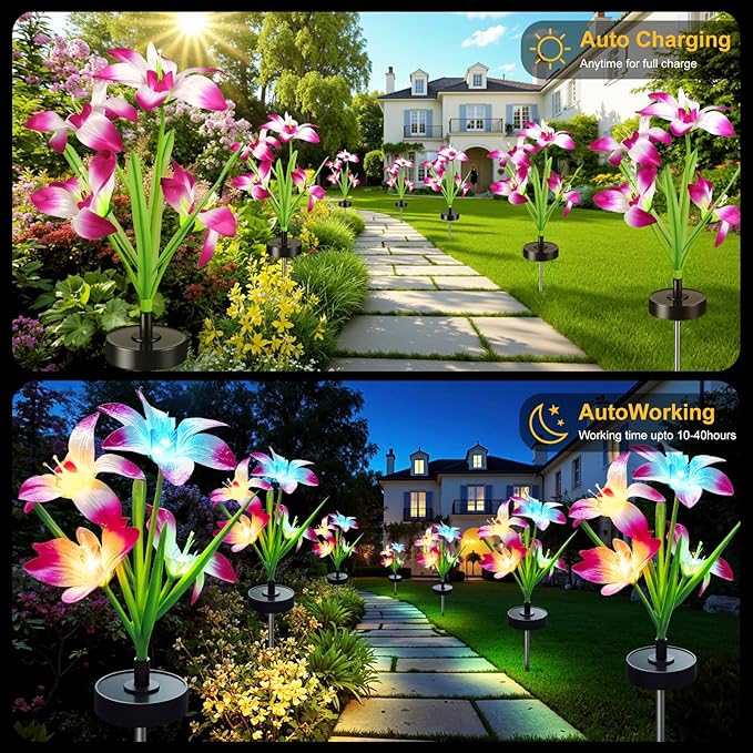 Solar Flowers Lights - Upgraded Outdoor Lily Flowers Lights, 7-Color Changing & Waterproof Outdoor Solar Lights for Garden, Patio, Backyard,Party and Office (Lily, 4)