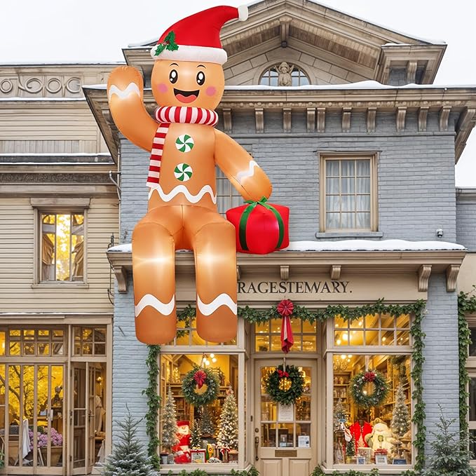10FT Christmas Inflatable Outdoor Decoration, Sitting Waving Gingerbread Inflatables Outdoor Decorations with Built-in LEDs, Gingerbread Blow Up Yard Decorations for Xmas Party Holiday Decor