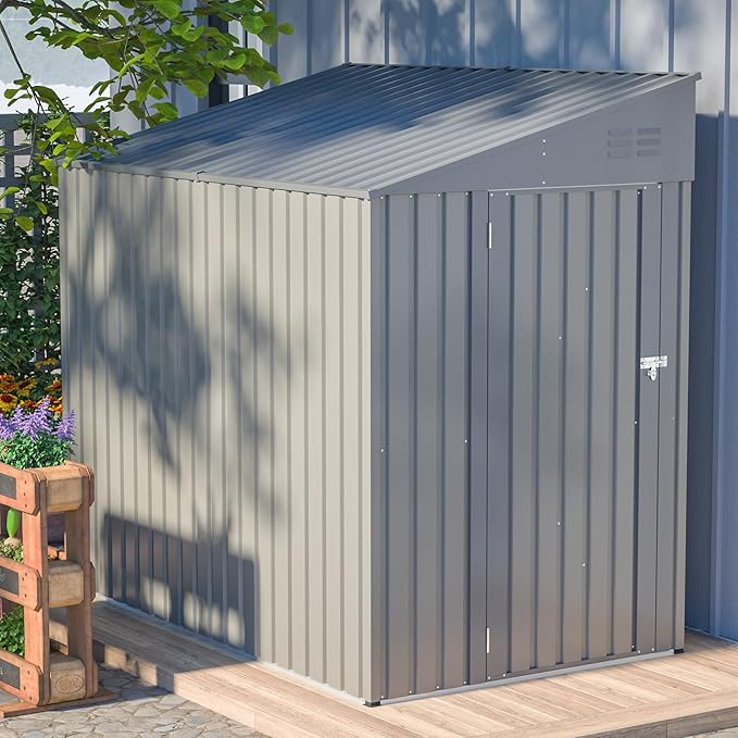 4x8 FT Outdoor Storage Shed,Lean to Lockable Metal Garden Shed Steel with Reinforced Beams,All Weather Waterproof Storage House W/Lockable Door&2 Air Vents,for Backyard,Patio,Lawn,Garden,Gray