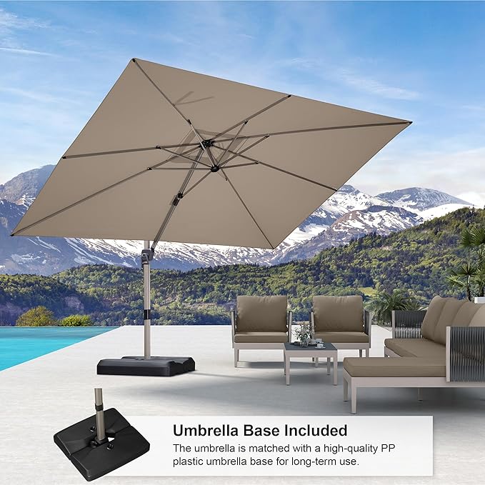 PURPLE LEAF 9' x 11' Patio Umbrella with Base Cantilever Umbrella Rectangular Outdoor Offset Umbrella with Champagne Frame and 360° Rotation for Garden Deck Pool, Taupe