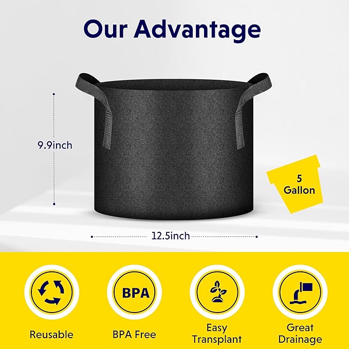 iPower 5-Pack 5 Gallon Plant Grow Bags Thickened Nonwoven Aeration Fabric Pots Heavy Duty Durable Container, Strap Handles for Garden, Black
