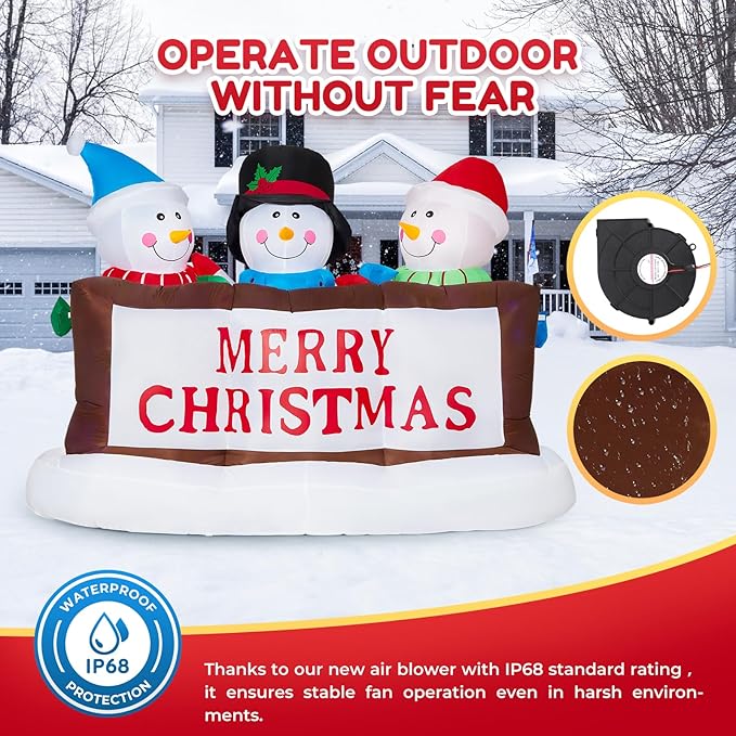 7FT Christmas Inflatable Snowman Yard Decoration With LED Lights - Merry Christmas Sign Trio, Outdoor Xmas Blow Up Decor for Holiday